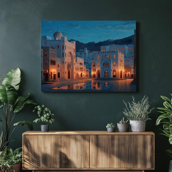 Arabian Cityscape Canvas Wall Art Middle Eastern Architecture Print Desert Skyline Decor Nighttime City Reflection Poster