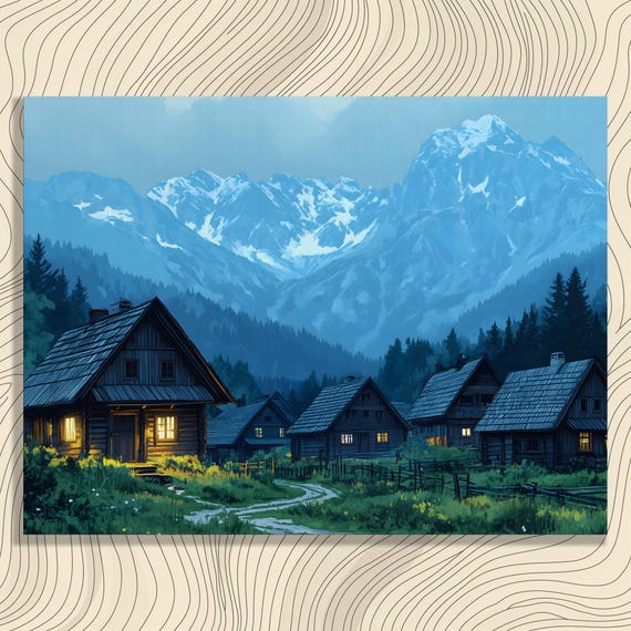 Serene Mountain Village Canvas Wall Art Rustic Home Decor Landscape Painting Print Cabin Scene Hanging Country Farmhouse