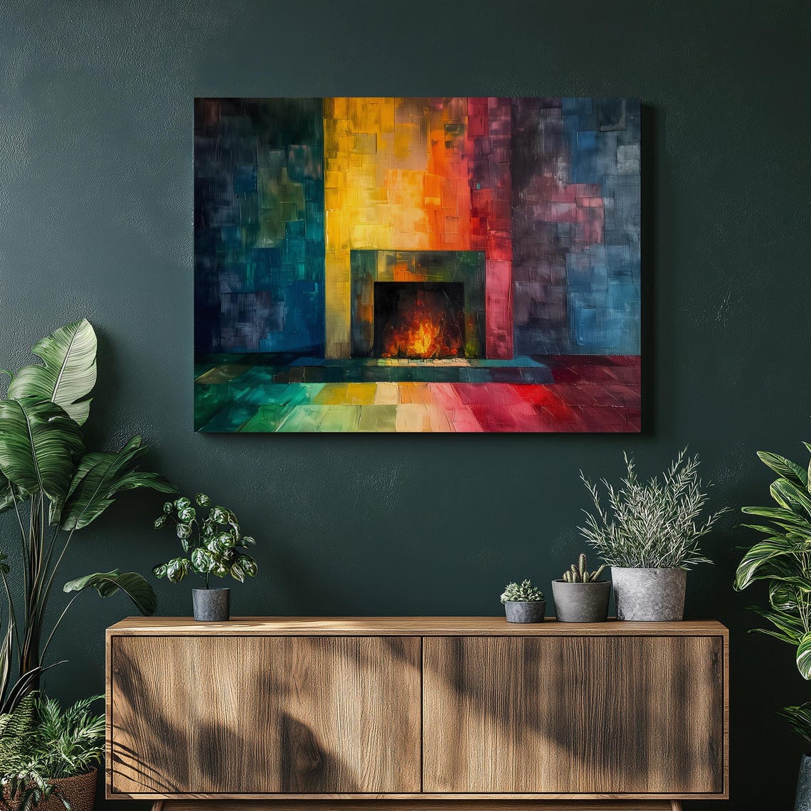 Colorful Abstract Fireplace Painting Vibrant Hearth Canvas Poster