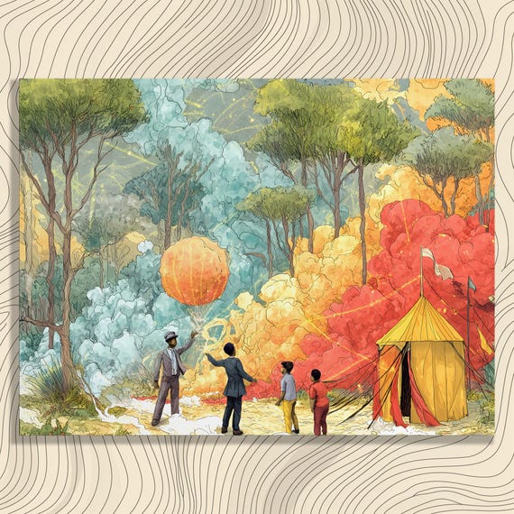 Whimsical Forest Tent Canvas Wall Art Surreal Colorful Nature Adventure Illustration Print Vintage Dreamscape Bohemian Elegance