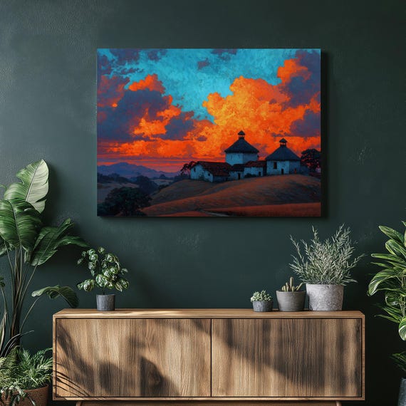 Colorful Sunset Countryside Canvas Wall Art Rolling Hills Landscape With Thatched Roof Cottages Vibrant Village Scene Rustic F