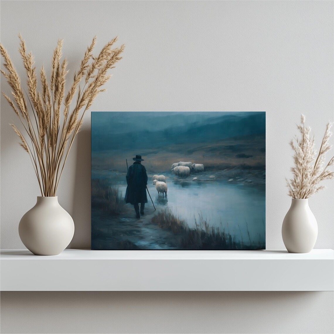 Lonely Shepherd With Sheep Misty Moorland Riverbank Painting Print
