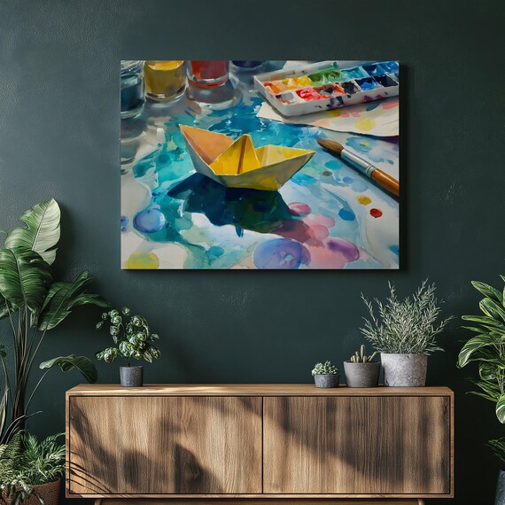 Yellow Paper Boat Floating on Watercolor Paint Splashes Art Print