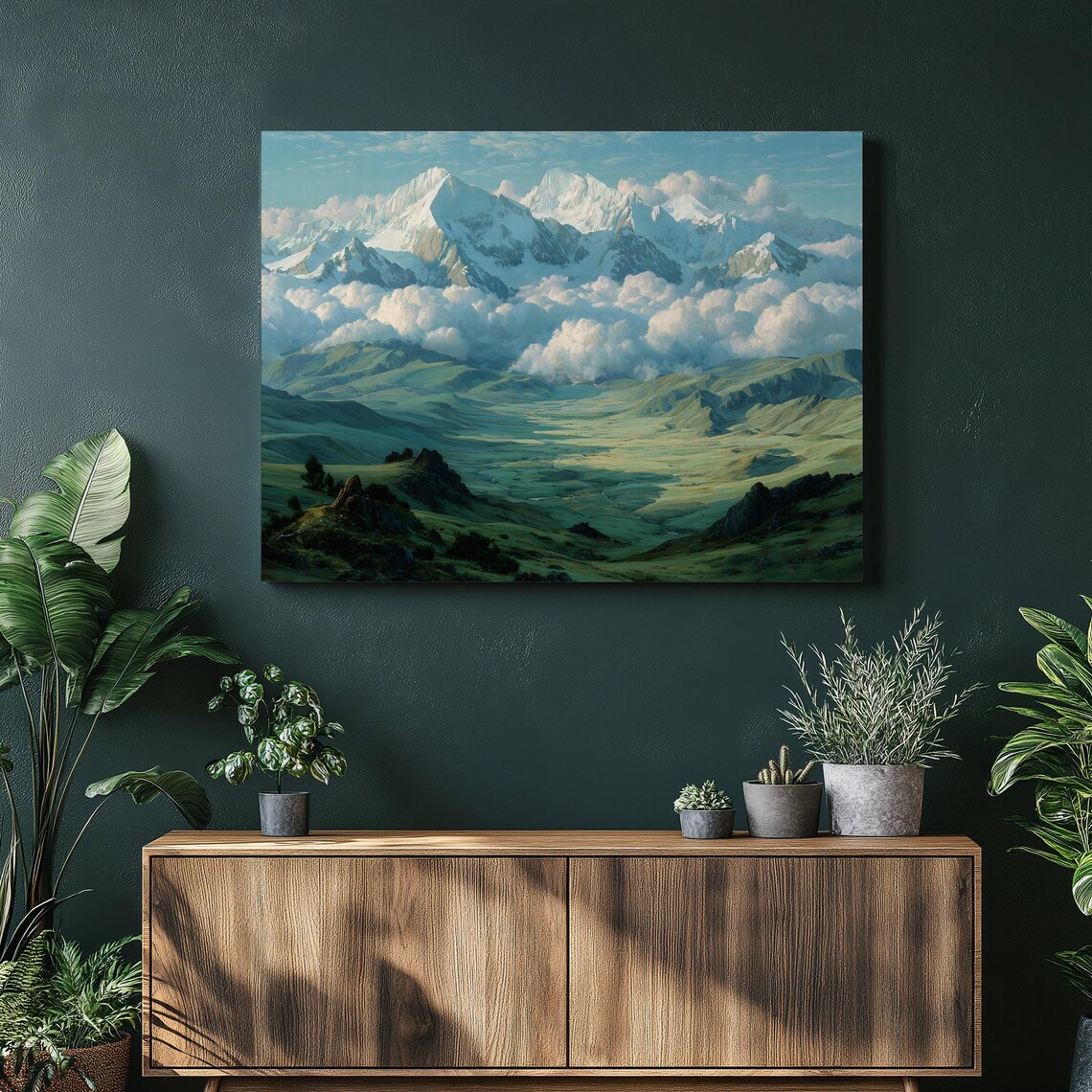 Majestic Snowy Mountain Peaks Green Valley Oil Painting Wall Art