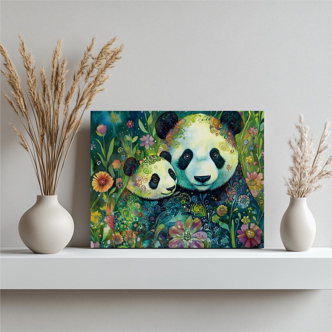 Mother Panda And Cub Floral Watercolor Canvas Whimsical Animal Art Print