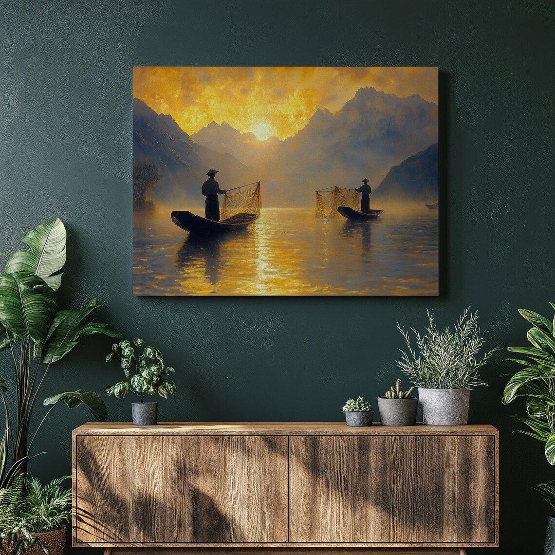 Fishermen in Wooden Boats at Golden Sunset Mountain Lake Wall Art