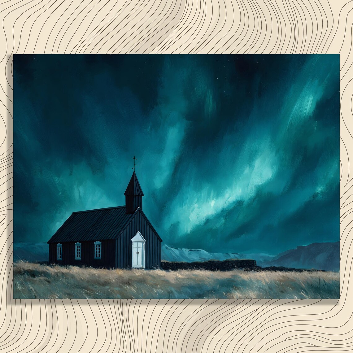 Northern Lights Church, Scandinavian Style Landscape Print