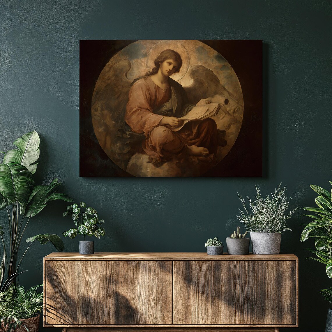 Classical Angel Reading Halo Renaissance Style Religious Oil Painting Poster