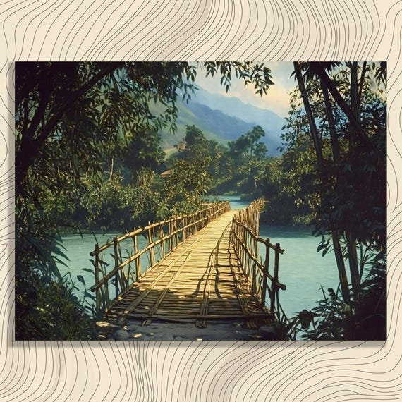 Tropical Bamboo Bridge Canvas Wall Art Forest Jungle Decor River Scene Nature Scenery Print Serene Landscape