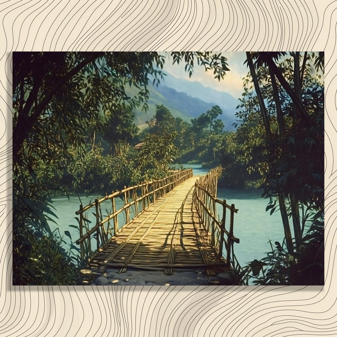 Tropical Bamboo Bridge Jungle River Sunlit Forest Landscape Poster