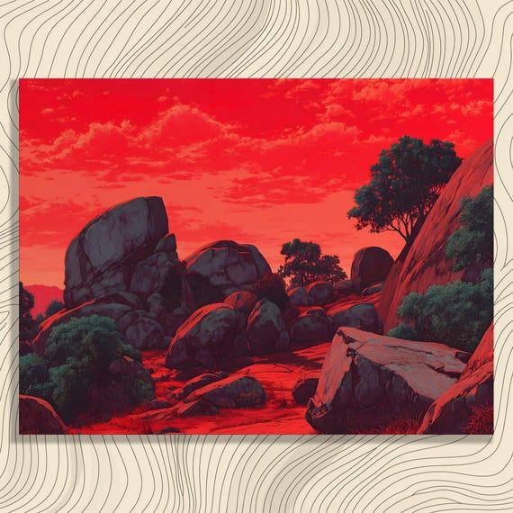 Surreal Desert Sunset Canvas Wall Art Red Sky Granite Boulders Colorful Nature Landscape Modern Home Decor Print Contemporary