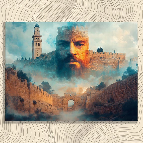 Ancient Stone Fortress Canvas Wall Art Surreal Face Abstract Print Dreamlike Landscape Mystical Cloud Gift For Enthusiasts