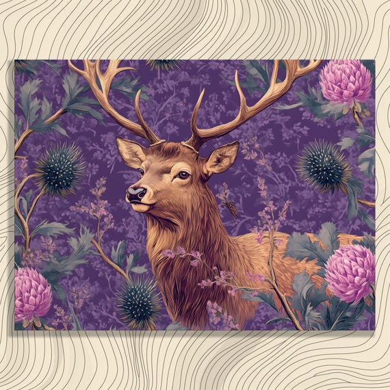 Scottish Stag Thistle Canvas Wall Art Purple Deer Illustration With Antlers Botanical Thistles Highland Wildlife Floral Nature Decor Print