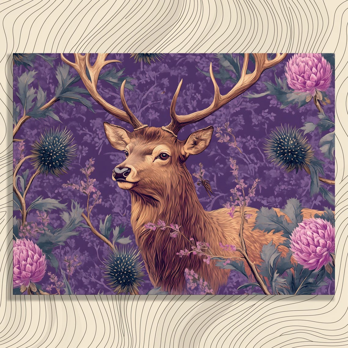 Scottish Red Deer Stag Thistles Purple Floral Illustration Poster