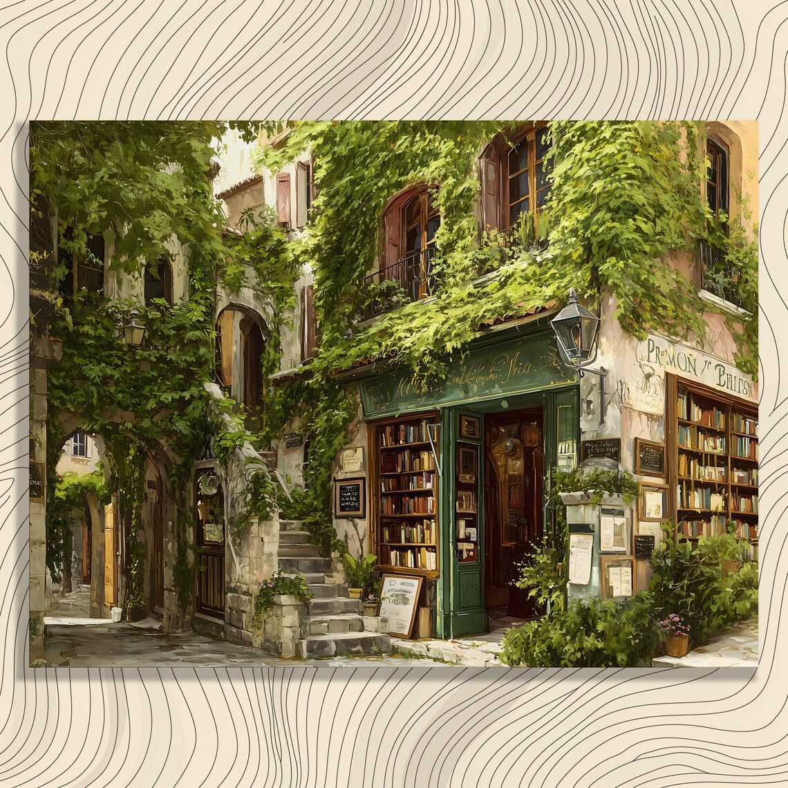 Vintage European Bookshop Ivy Canvas Wall Art Cozy Bookstore Street