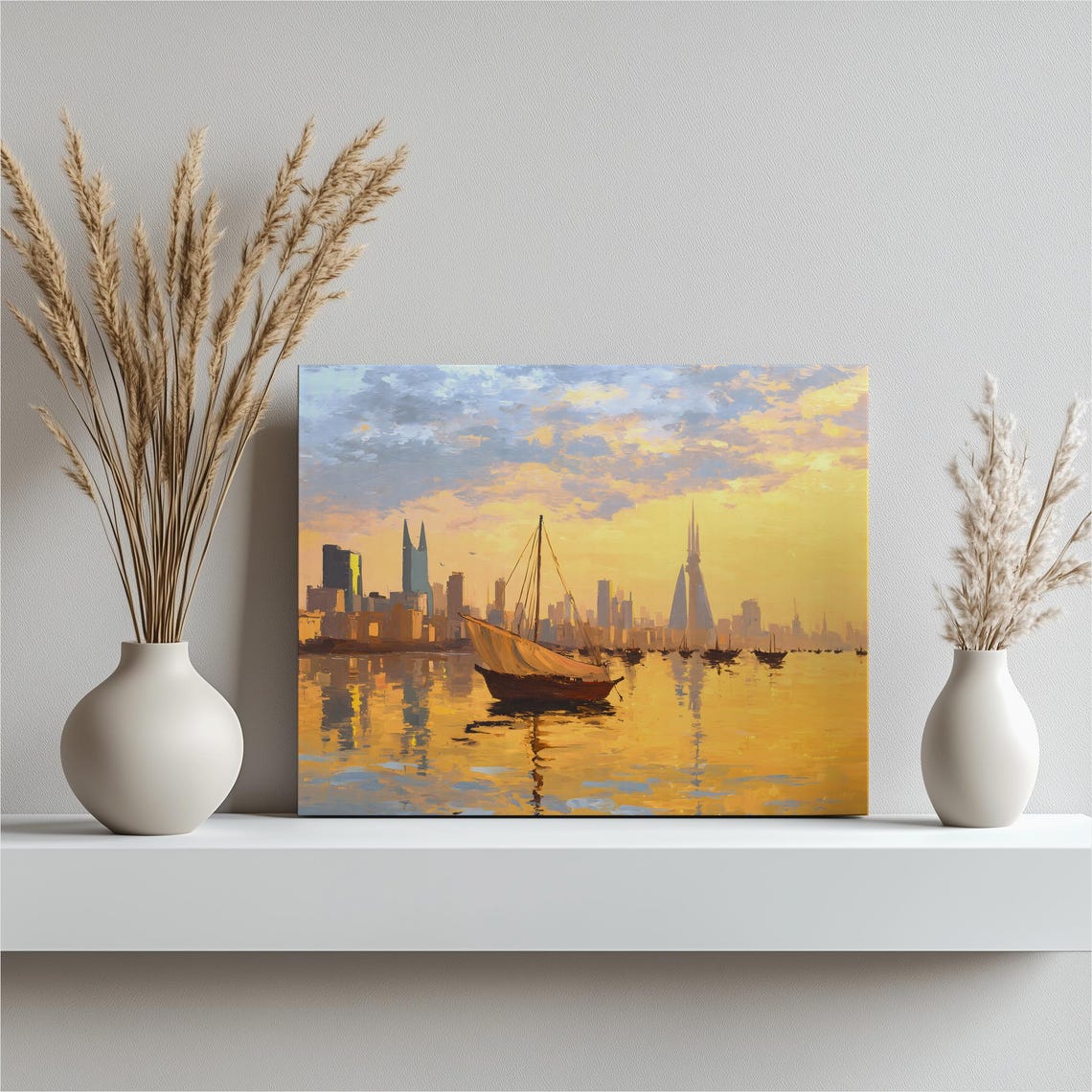 Bahrain Manama Skyline Sunset Harbor Traditional Dhow Boats Poster
