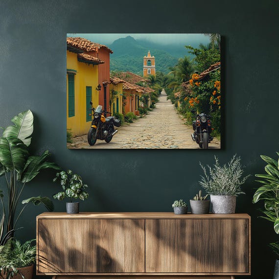 Vibrant Tropical Village Canvas Wall Art Colonial Homes Cobblestone Lane Motorcycles Tower Mountain View Painting Gift