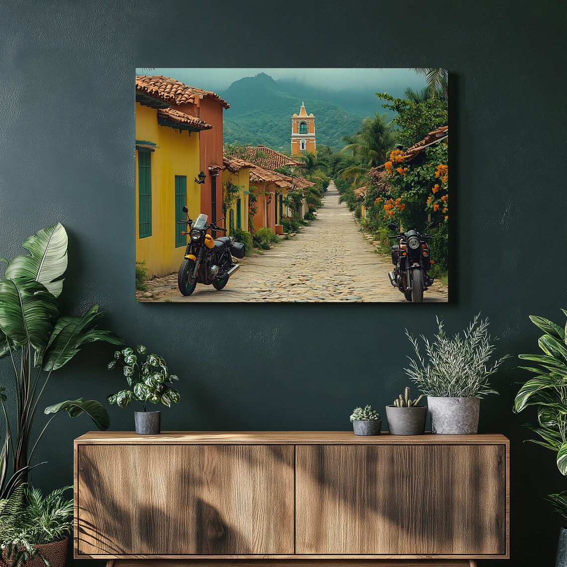 Colonial Cobblestone Street Colorful Town Motorcycles Church Tower Art Poster