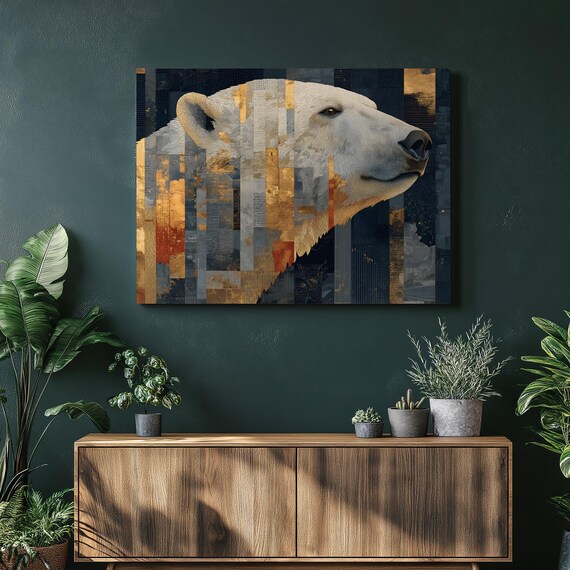 Polar Bear Profile Canvas Wall Art Modern Wildlife Decor Mosaic Collage Print With Gold Foil Painting Arctic Nature Geometric Design Gift