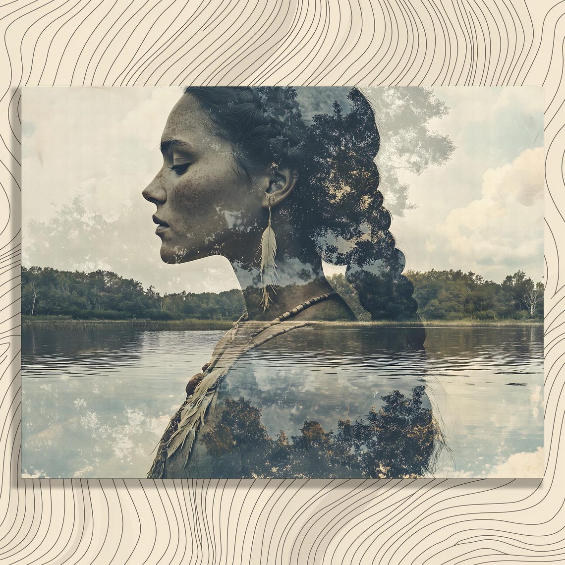 Serene Double Exposure Woman Profile Lake Forest Feather Art Print