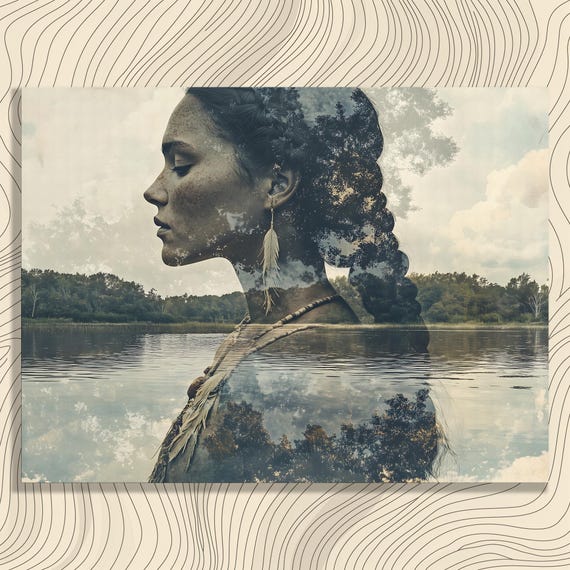 Double Exposure Portrait Canvas Wall Art Serene Woman With Forest And Lake Reflections