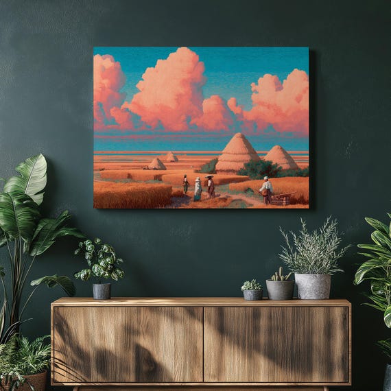 Golden Wheat Harvest Canvas Wall Art Pastoral Field Scene With Haystacks Rustic Farmhouse Traditional Country Landscape Print Sky