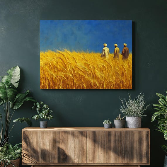 Golden Wheat Field Canvas Wall Art Rural Harvest Landscape With Farmers Under Blue Sky Farmhouse Decor Country Grain Painting Print