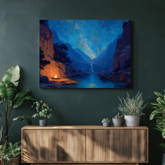 Starry Canyon Campfire Canvas Wall Art Celestial Nightscape Under Sky Landscape Print Nature Mountain River Decor