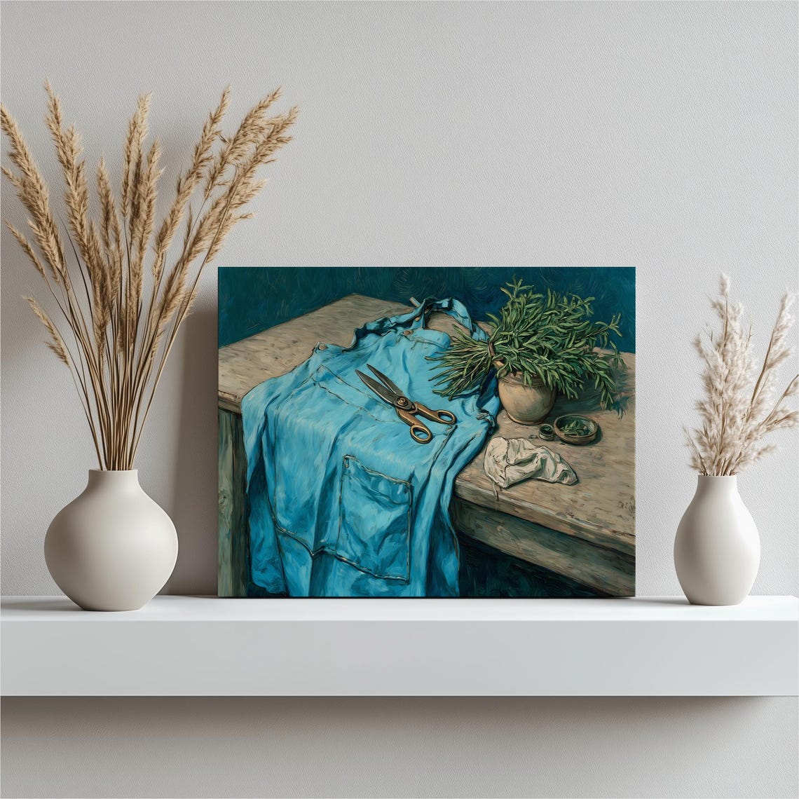 Handpicked Herb Canvas Wall Art Rustic Botanical Scissors Garden Decor Still Life Painting Green Blue Tabletop Vintage Style