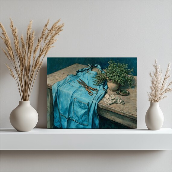 Herb Harvest Still Life Blue Apron Kitchen Garden Oil Painting Poster