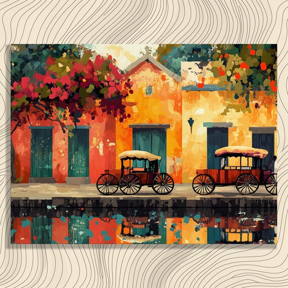 Vibrant Street Scene Canvas Wall Art Colorful Impressionism Print Urban Landscape Architecture Reflection For Travelers