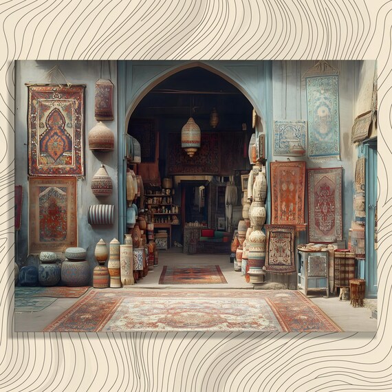 Moroccan Bazaar Arched Doorway Hanging Rugs Pottery Lanterns Art Poster