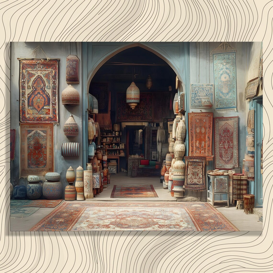 Moroccan Bazaar Arched Doorway Hanging Rugs Pottery Lanterns Art Poster