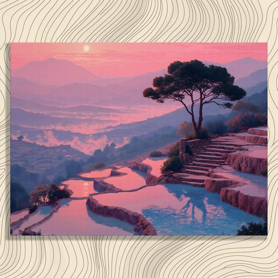 Pink Terraced Landscape Canvas Wall Art Sunset Rice Terrace Print Reflection Mountain Scenery Pastel Nature Decor Watercolor Style Poster