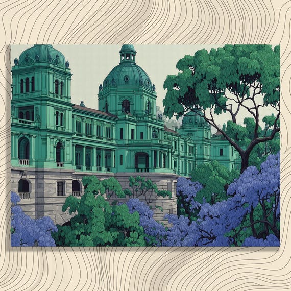 Majestic Victorian Building Canvas Wall Art Historic Architecture Print Vintage Facade Decor Vibrant Foliage Landscape Nature