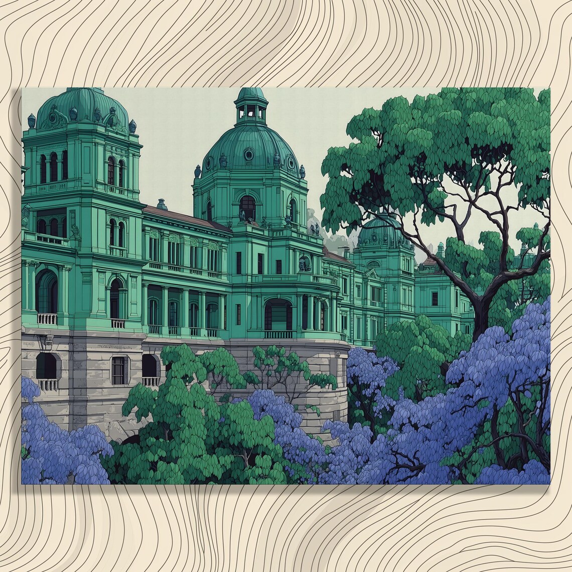 Majestic Victorian Palace Green Domes Lush Garden Landscape Poster