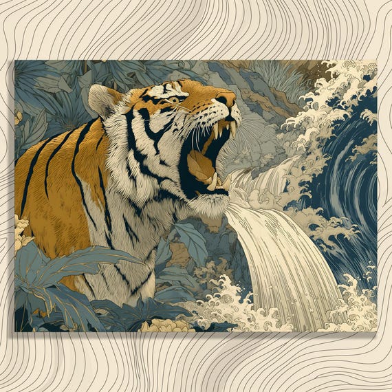 Majestic Tiger Canvas Wall Art Roaring Illustration Nature Decor Botanical Wave Painting Wildlife Modern Print