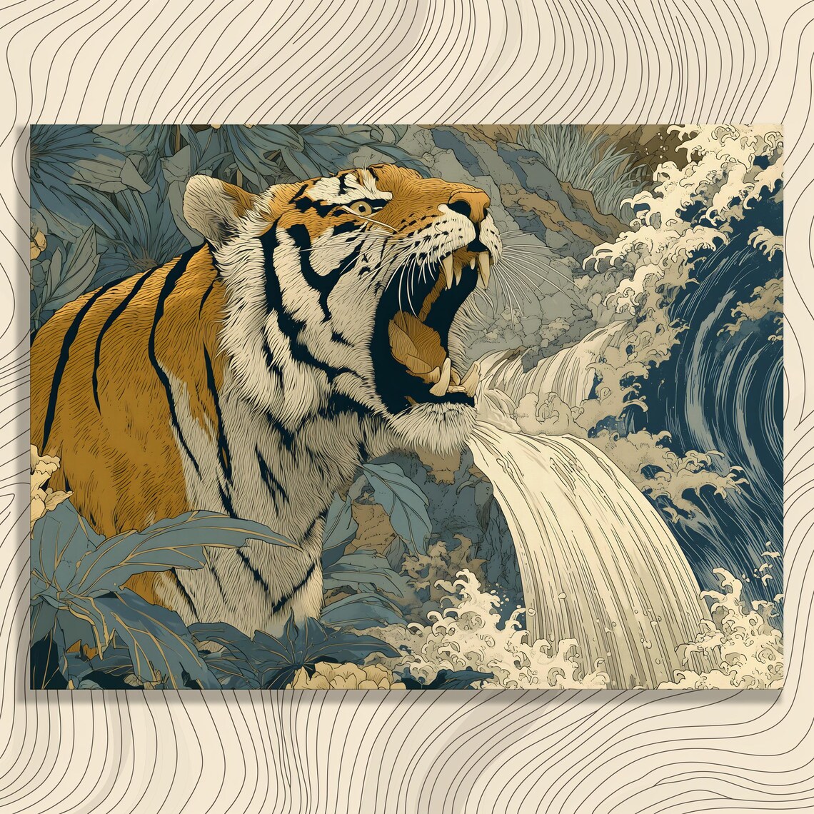 Majestic Tiger Canvas Wall Art Roaring Illustration Nature Decor Botanical Wave Painting Wildlife Modern Print