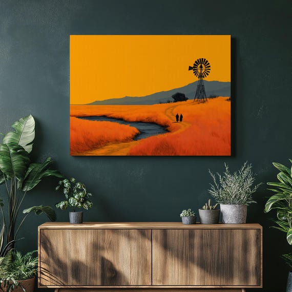 Golden Prairie Windmill Canvas Wall Art Sunset Field Landscape Silhouette Path Print Boho Farmhouse Decor Rustic Orange Grass Poster