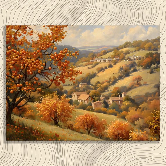 Golden Persimmon Orchard Autumn Village Hills Vintage Landscape Poster