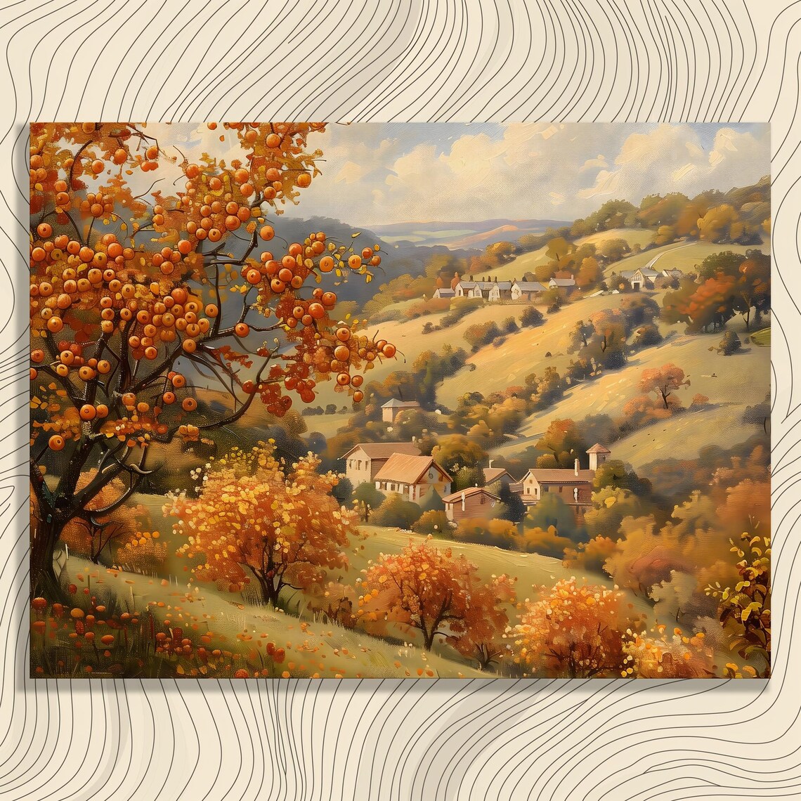 Golden Persimmon Orchard Autumn Village Hills Vintage Landscape Poster