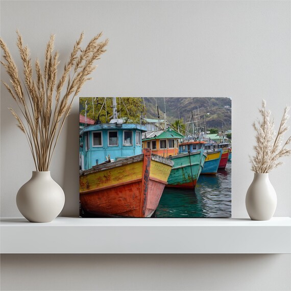 Colorful Harbor Fishing Boats Tropical Marina Waterfront Nautical Art Poster