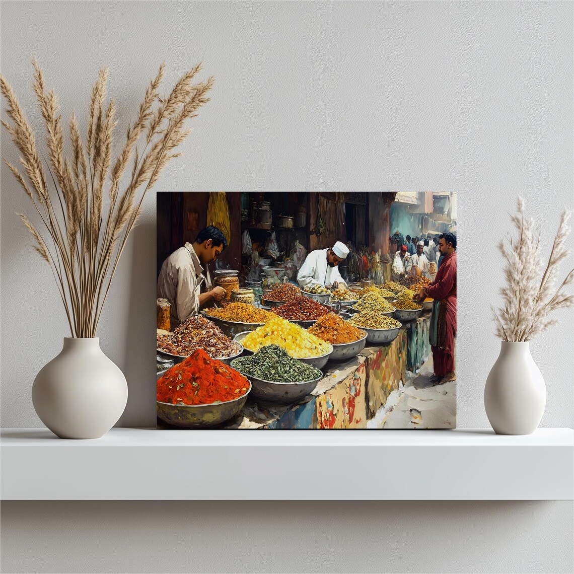 Vibrant Spice Market Colorful Bowls Bustling Bazaar Painting Print