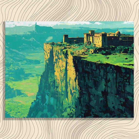 Cliffside Landscape Canvas Wall Art Modern Painting Print Decor Gift For Nature Lovers Lush Greenery Scenic Vista Architecture