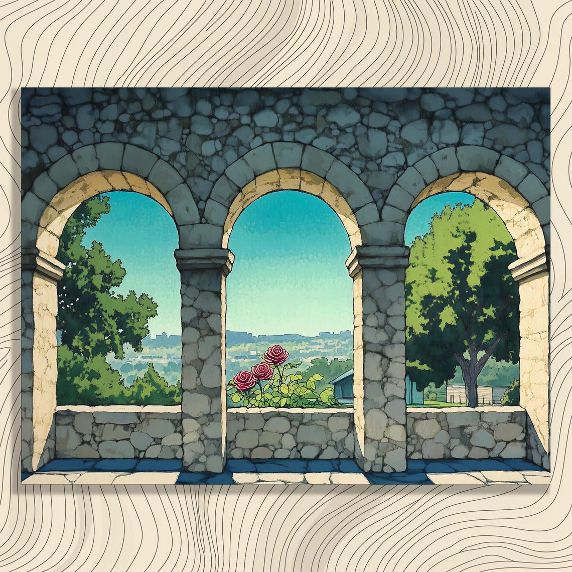 Sunlit Stone Arches Garden Roses View Vintage Scenic Wall Poster