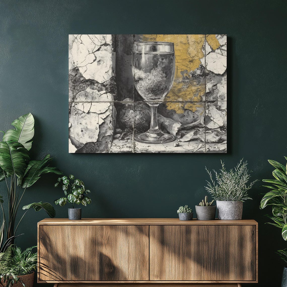 Wine Glass Still Life Cracked Paint Gold Accent Rustic Poster