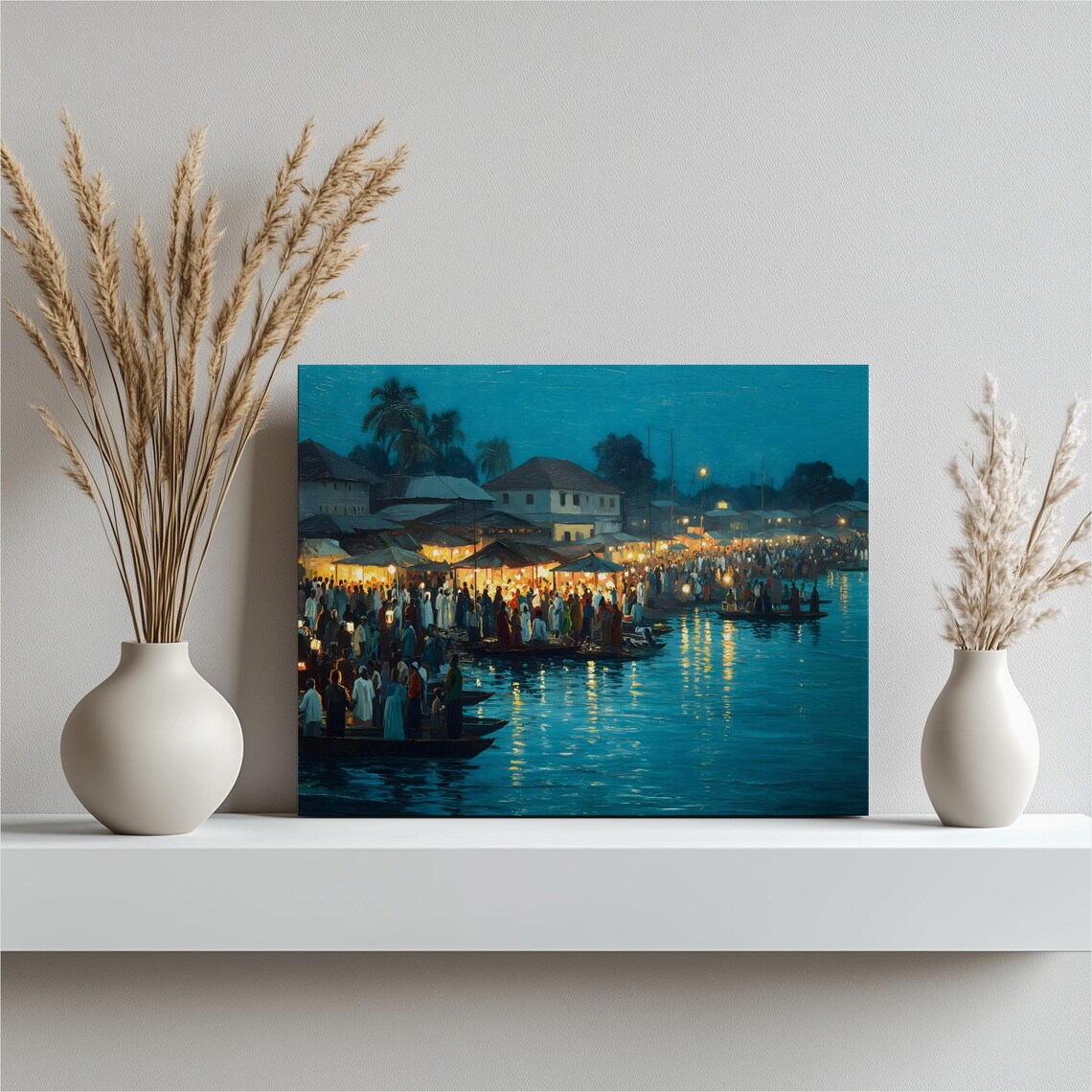 Tropical Night River Market Festival Boats and Lanterns Art Print