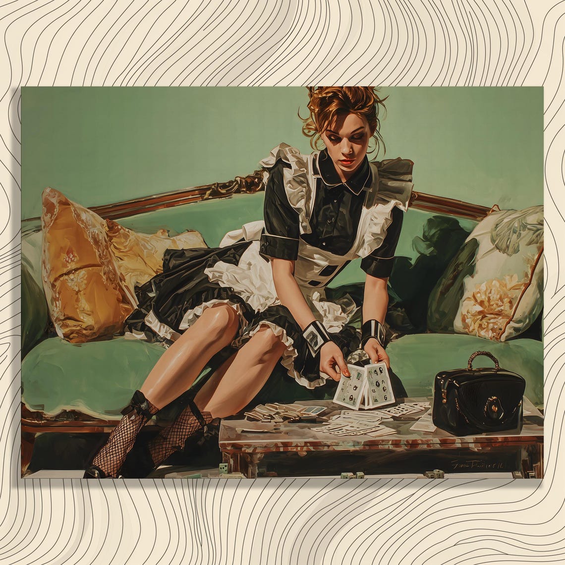 Vintage Pinup Maid Dealing Cards Green Couch Retro Glamour Art Poster