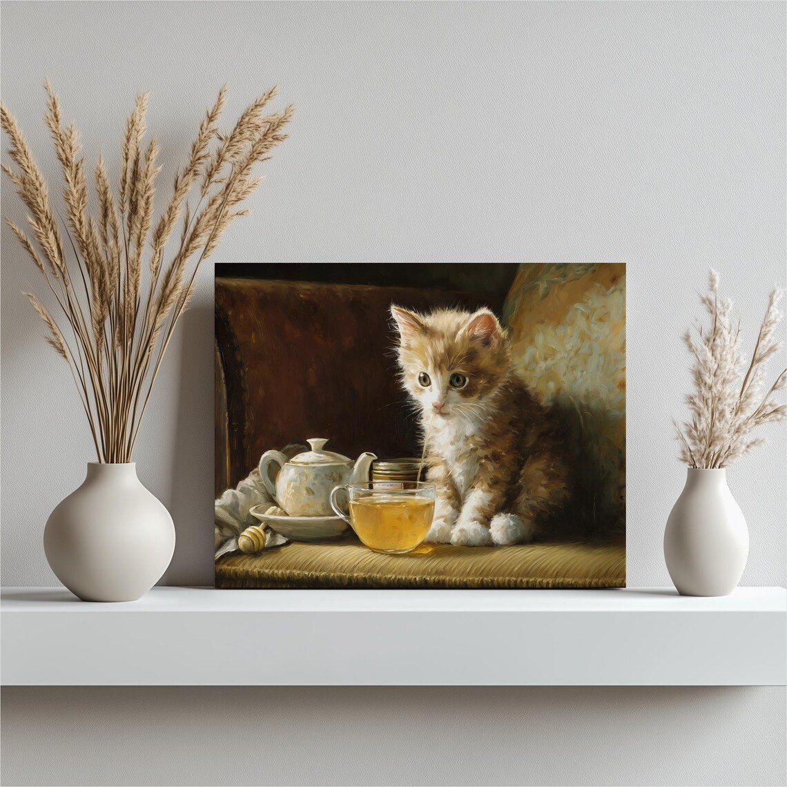 Ginger Kitten with Tea Cup Cozy Oil Painting Kitten Art Poster