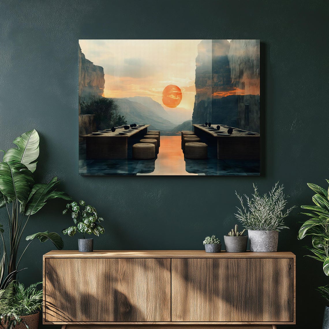 Eritrean Mesob Dining Canvas Wall Art Desert Canyon Sunrise With Woven Stools